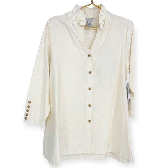 Multiples Elegant Cream Button Front Tunic Top with Decorative‎ Sleeve Buttons - Picture 8 of 10